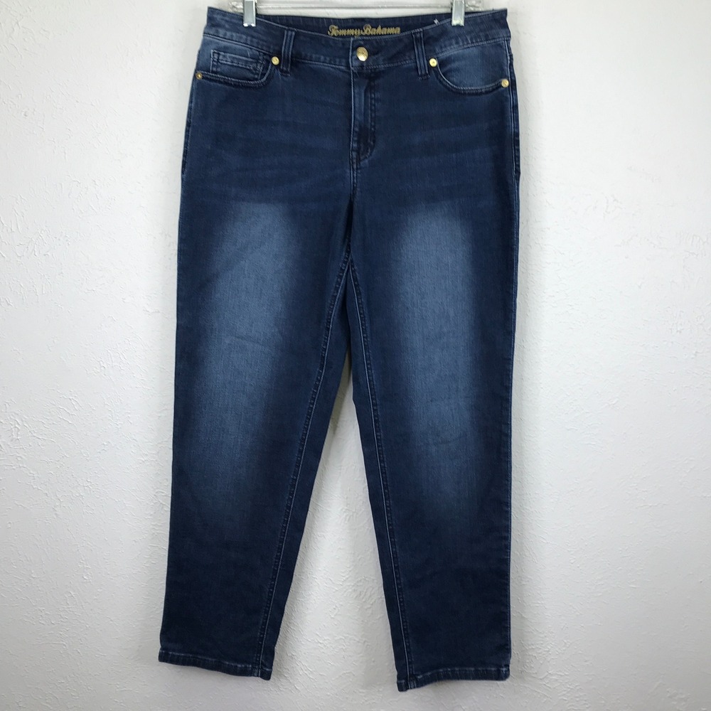 Tommy Bahama Jeans Womens 10 Blue Slim Boyfriend Mid Rise Indigo Palms Dark Wash
